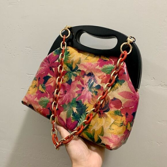 Handmade Genuine Leather Floral Print Wooden Frame Bag & 2 Strap Styles